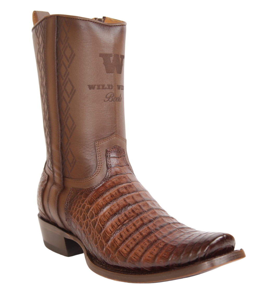 Wild West Men's Caiman Belly Skin Snip Toe Dubai Short Boot - Faded Brown