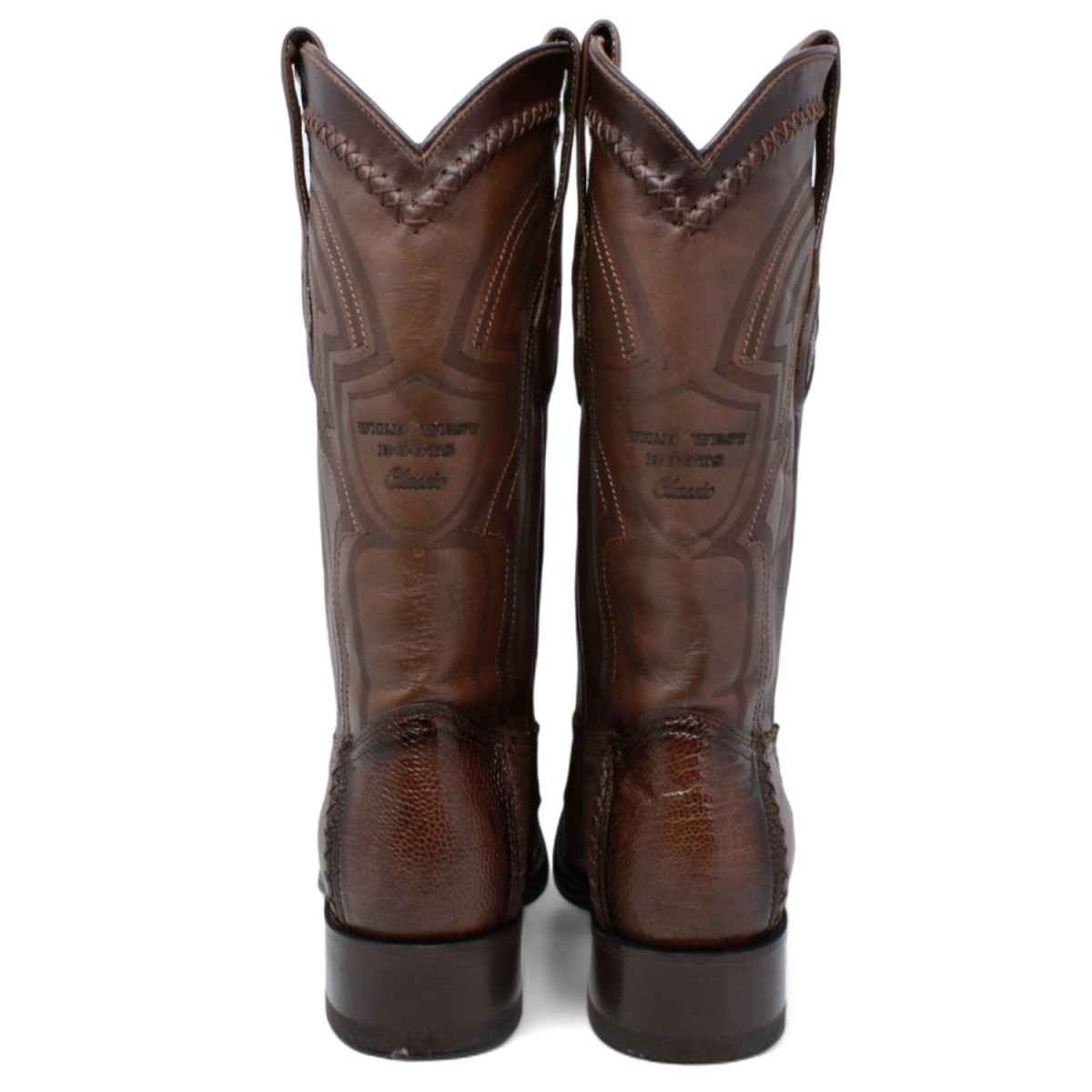 Western Genuine Ostrich Leg European Toe Boots Faded Brown Color - Wild West Boots - Pair Back View