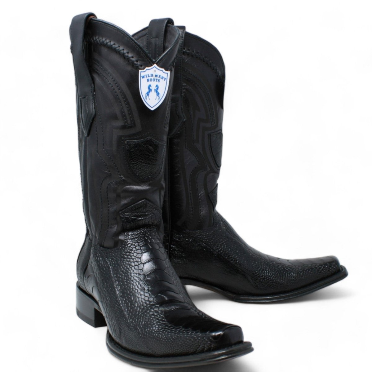 Western Genuine Ostrich Leg European Toe Boots Black Color - Wild West Boots - Pair Side View