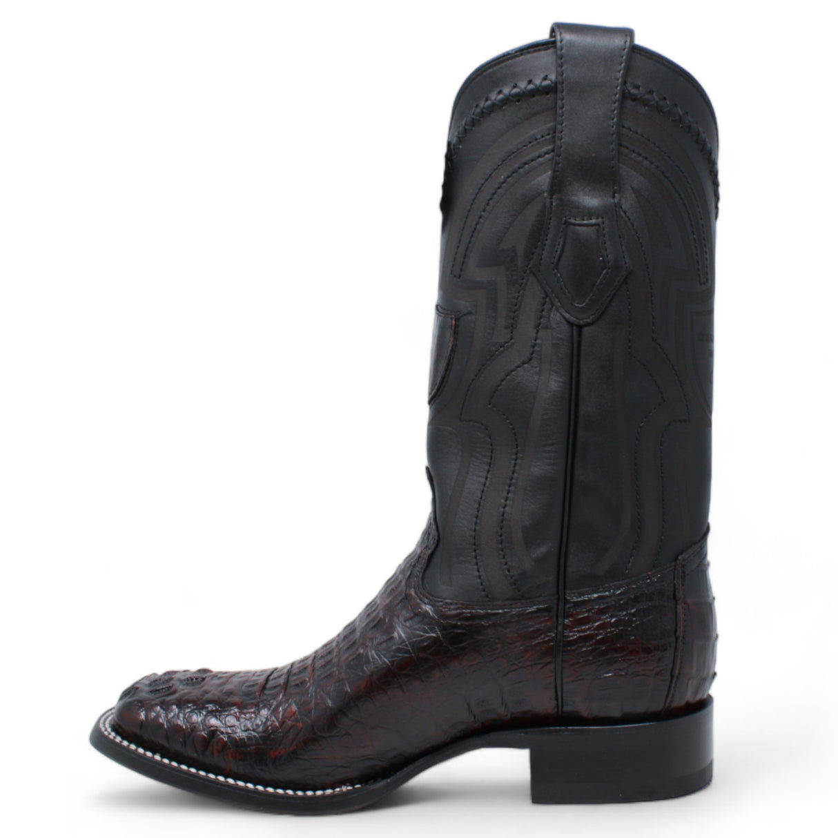 Genuine Crocodile Caiman Hornback Wide Square Toe Boots Black Chaerry Color - Wild West Boots left side