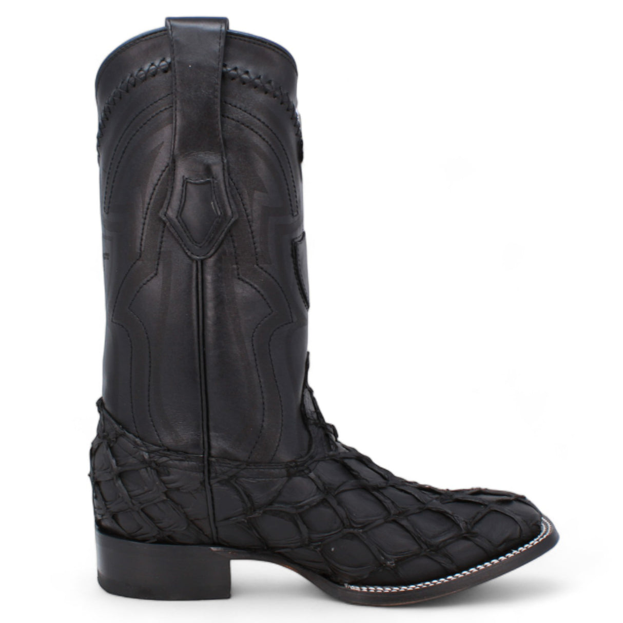 Genuine Monster Fish Pirarucu Wide Square Toe Boots Black Matte Color - Wild West Boots right side