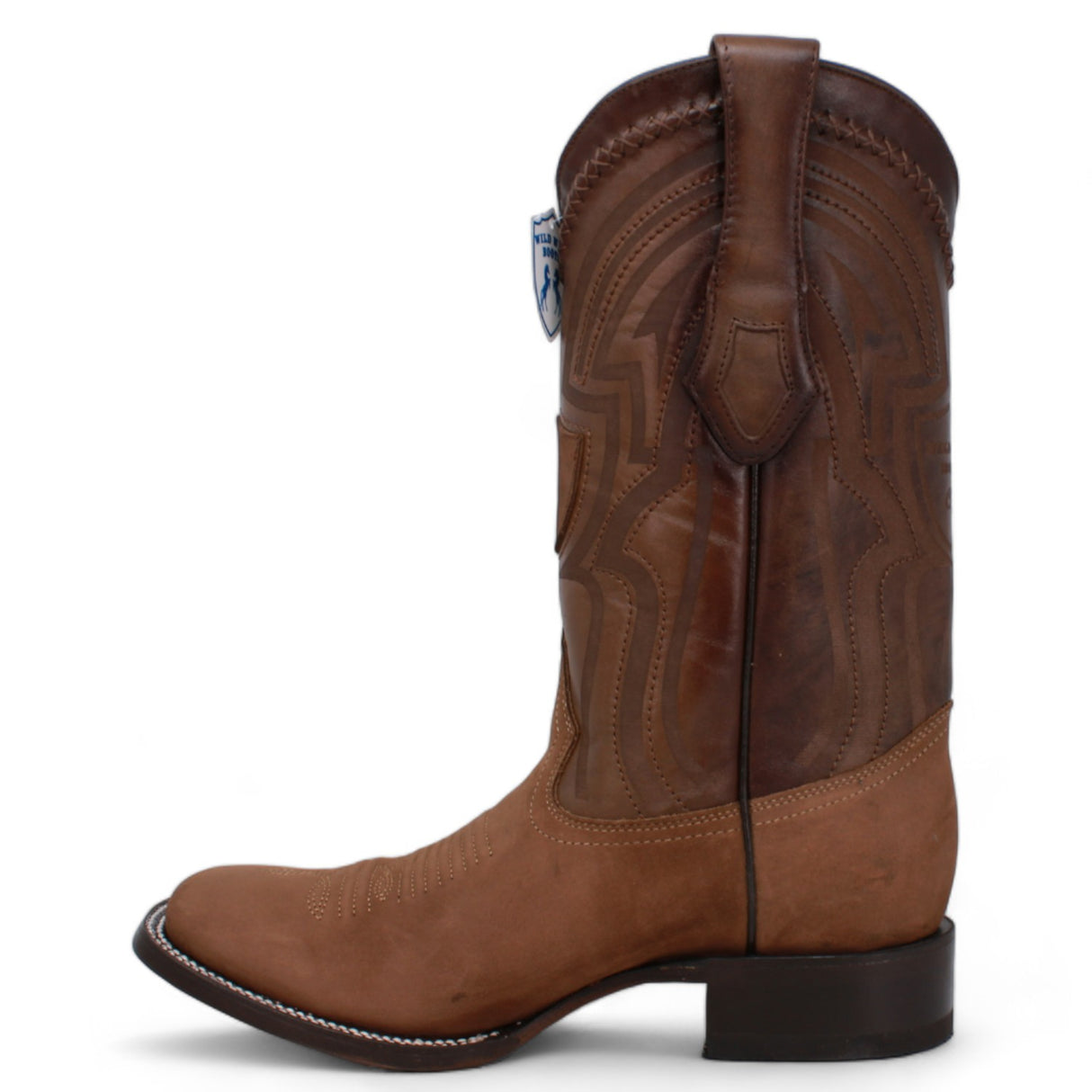 Western Nobuck Square Rodeo Toe Cowboy Boots Brown Color - Wild West Boots - Left Side View