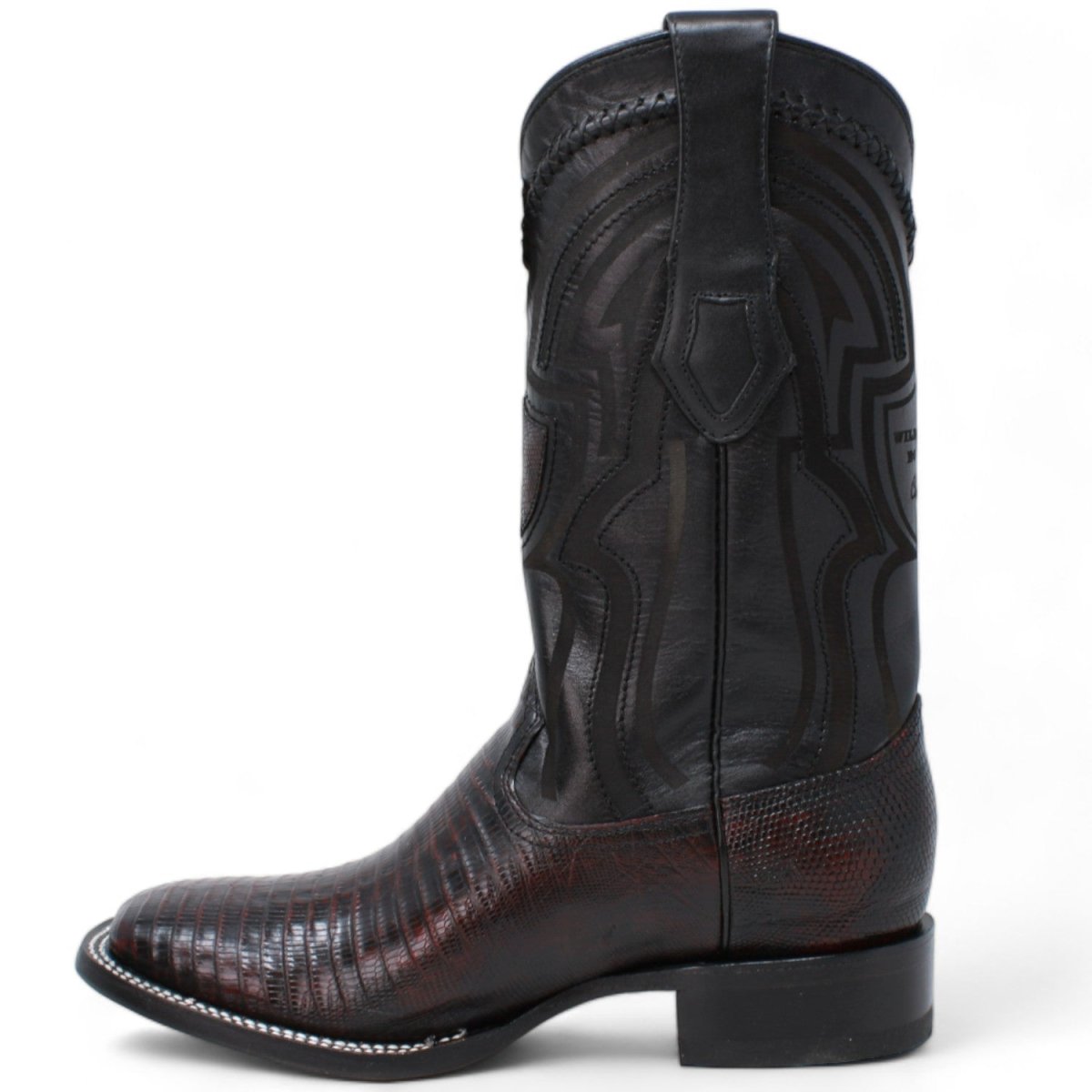 Wester Genuine Lizard Wide Square Toe Boots Black Cherry Color - Wild West Boots - Left Side View