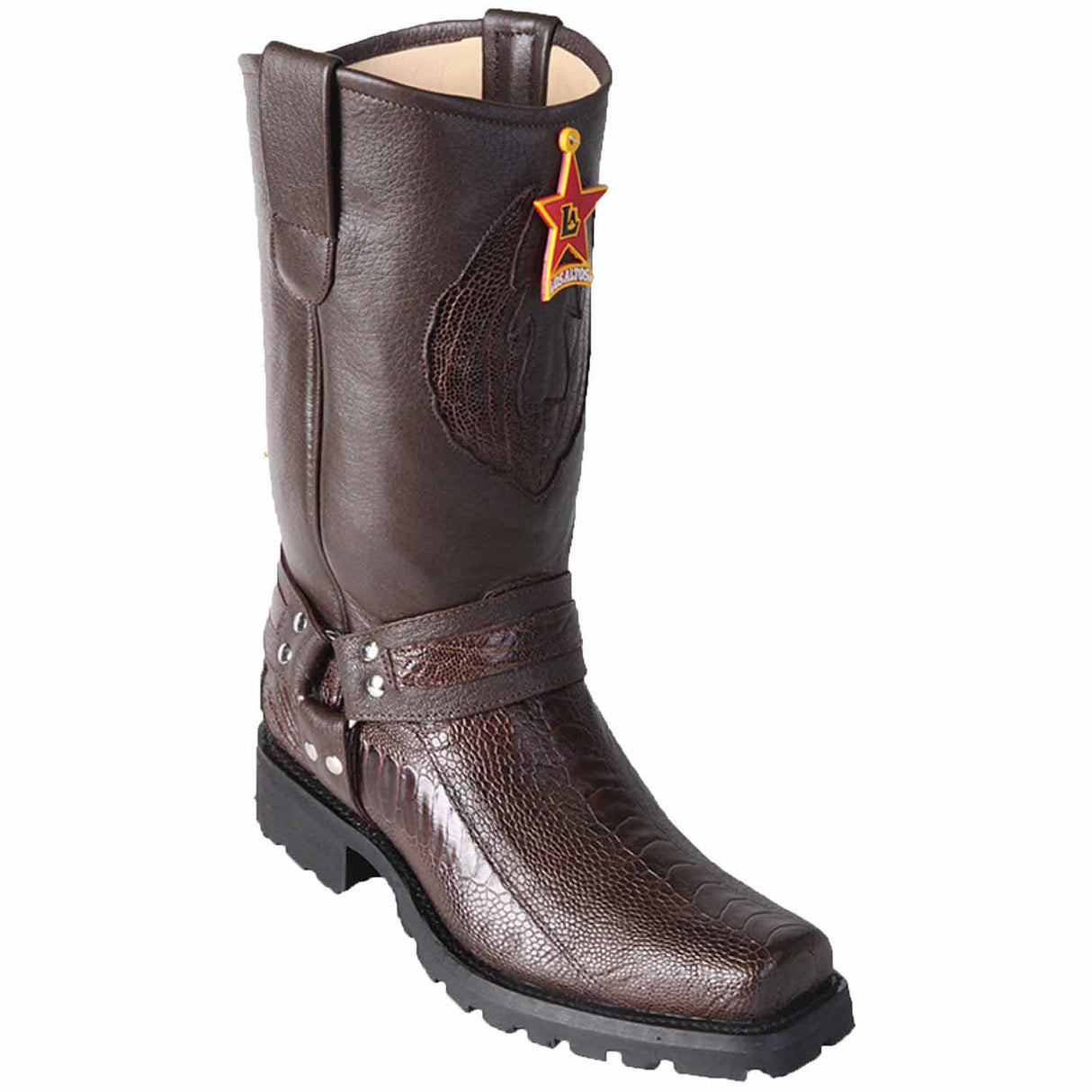 Genuine Ostrich Leg Square Toe Biker Boots Brown Color – Los Altos Boots – Side View