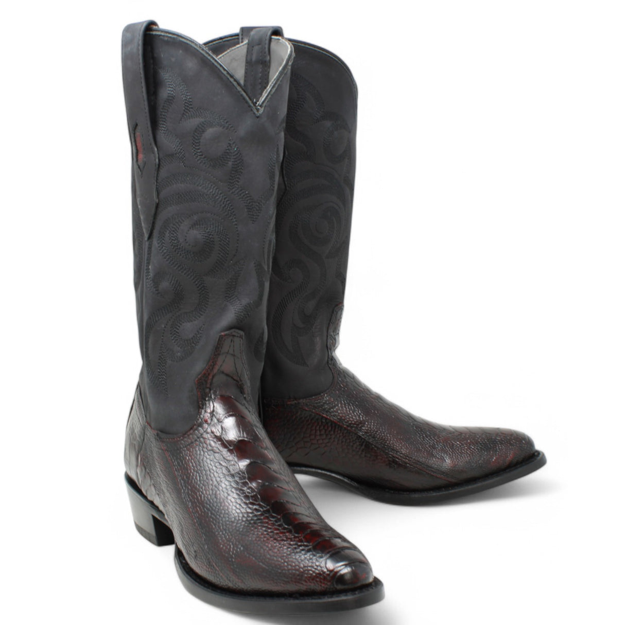 Botas de Pata de Avestruz Original Punta Oval Color Negro Rojizo - Los Altos Boots