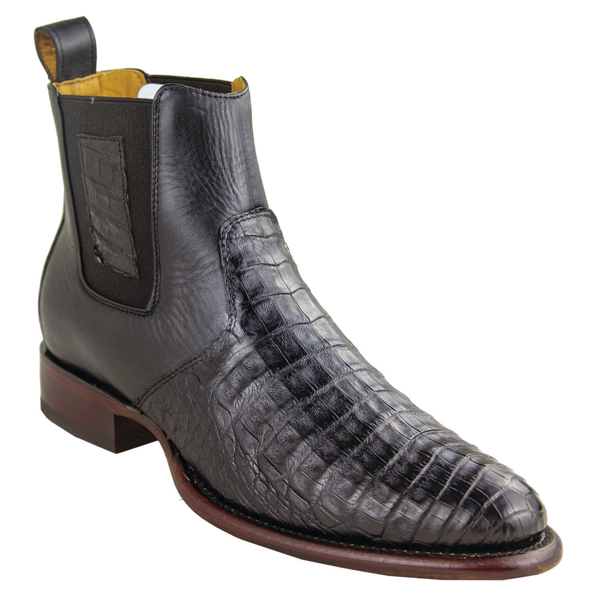 Genuine Caiman Belly Leather Ankle Boots Round Toe Roper Style Black Color - Los Altos Boots - Side View