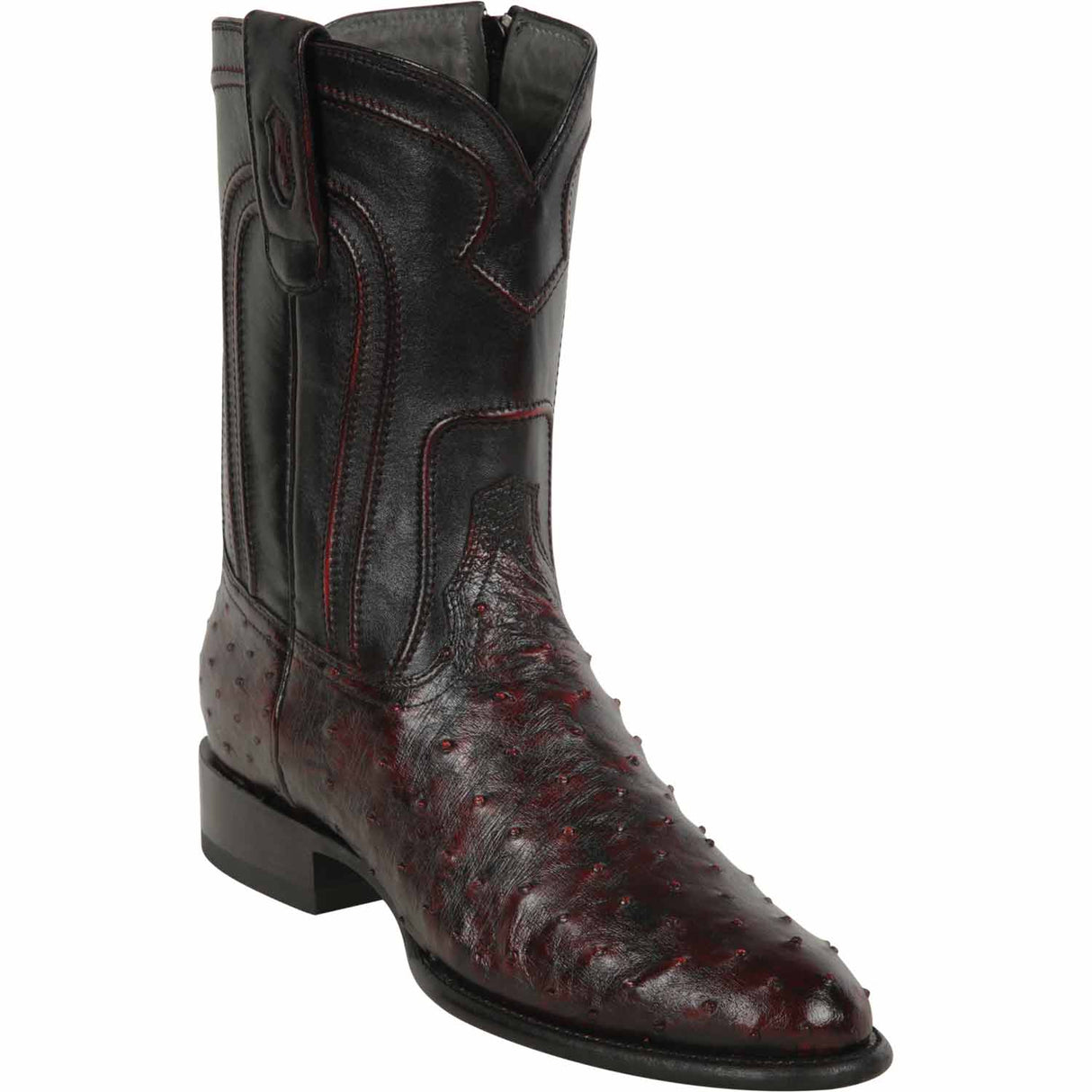 Western Genuine Ostrich Roper Round Toe Boots With Zipper - Black Cherry Color - Los Altos Boots - Side View