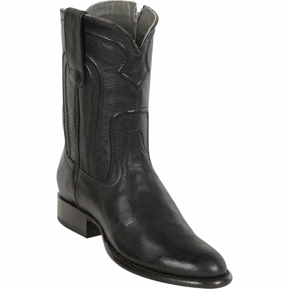 Men's Los Altos Original Leather Boots Roper Round Toe with Zipper - Black - Los Altos Boots Side View