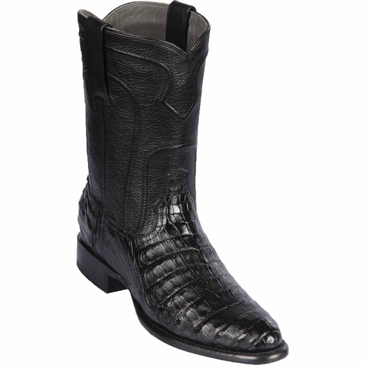 Western Genuine Caiman Belly Roper Round Toe Boots With Zipper - Black Color - Los Altos Boots - Side View