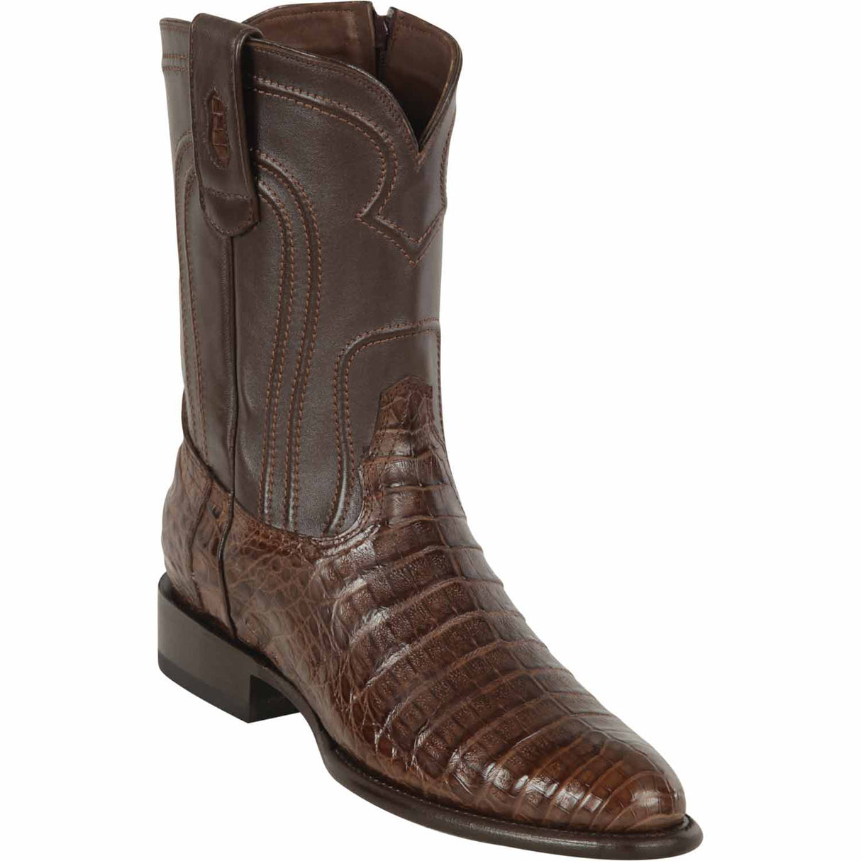 Western Genuine Caiman Belly Roper Round Toe Boots With Zipper - Brown Color - Los Altos Boots - Side View