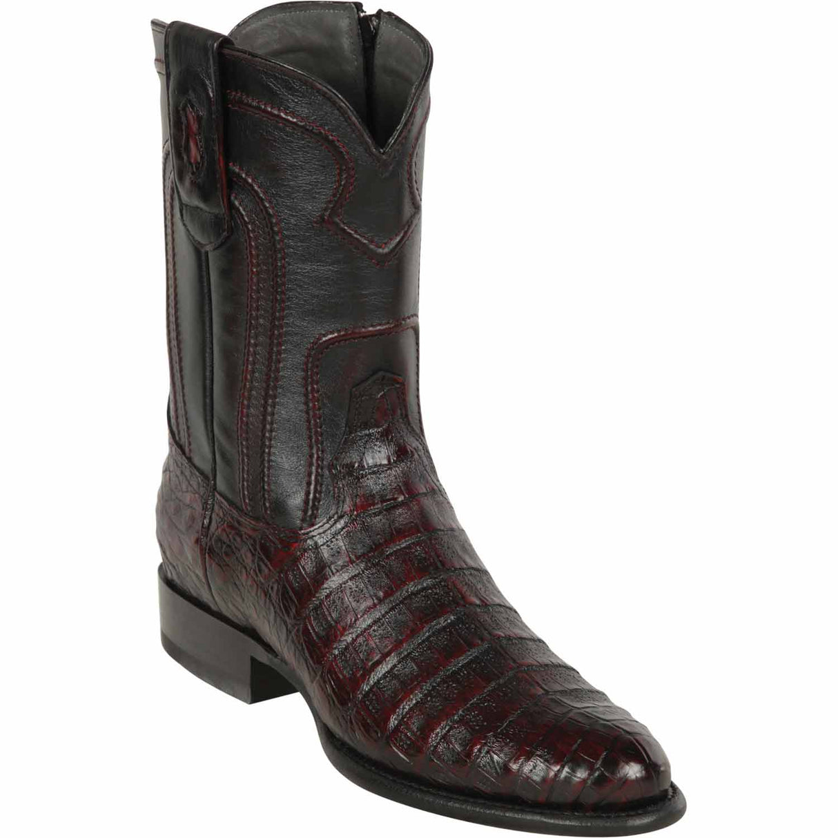 Western Genuine Caiman Belly Roper Round Toe Boots With Zipper - Black Cherry Color - Los Altos Boots - Side View