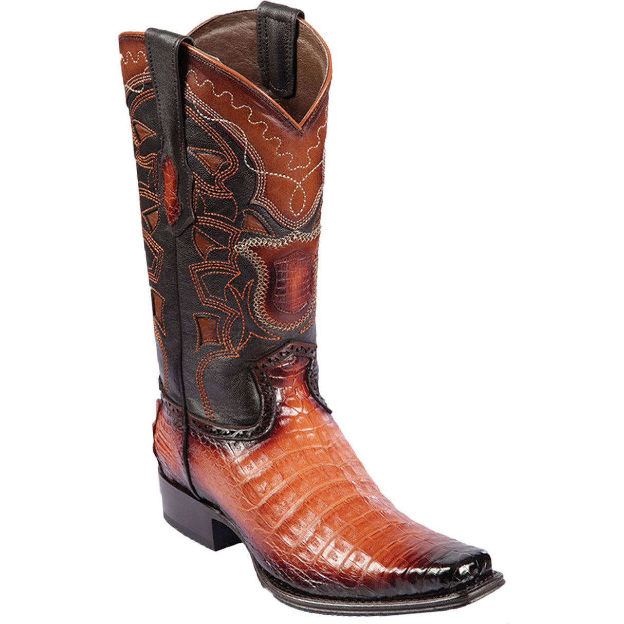 Western Genuine Caiman Belly European Square Toe Boots Faded Cognac Color - Los Altos Boots Side View