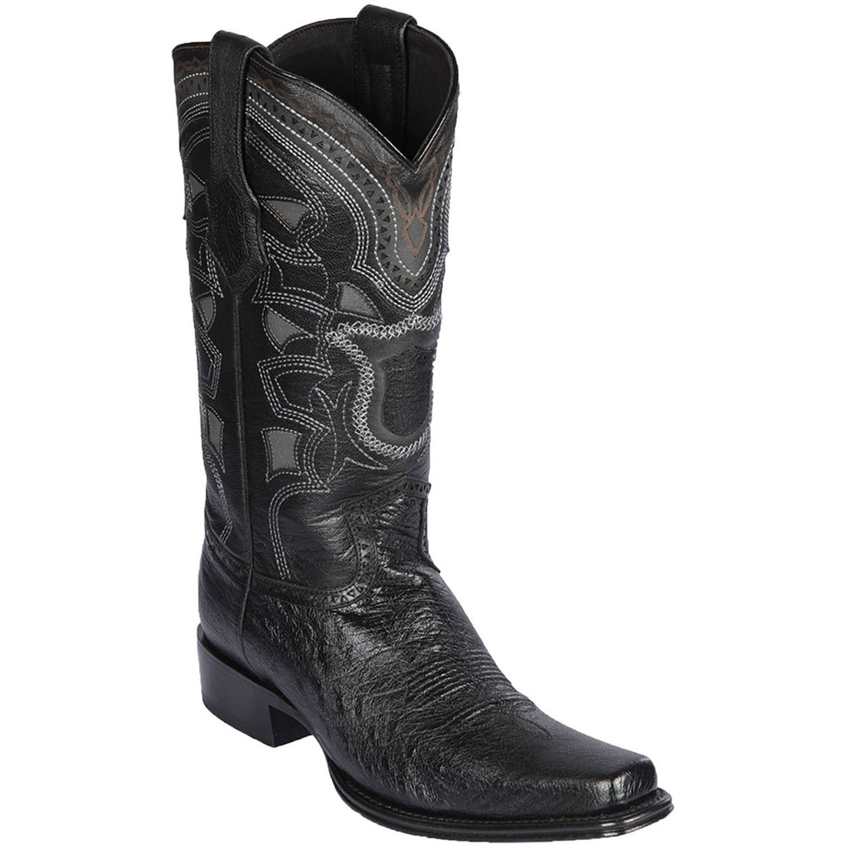 Western Genuine Smooth Ostrich European Square Toe Boots Black Color - Los Altos Boots Side View