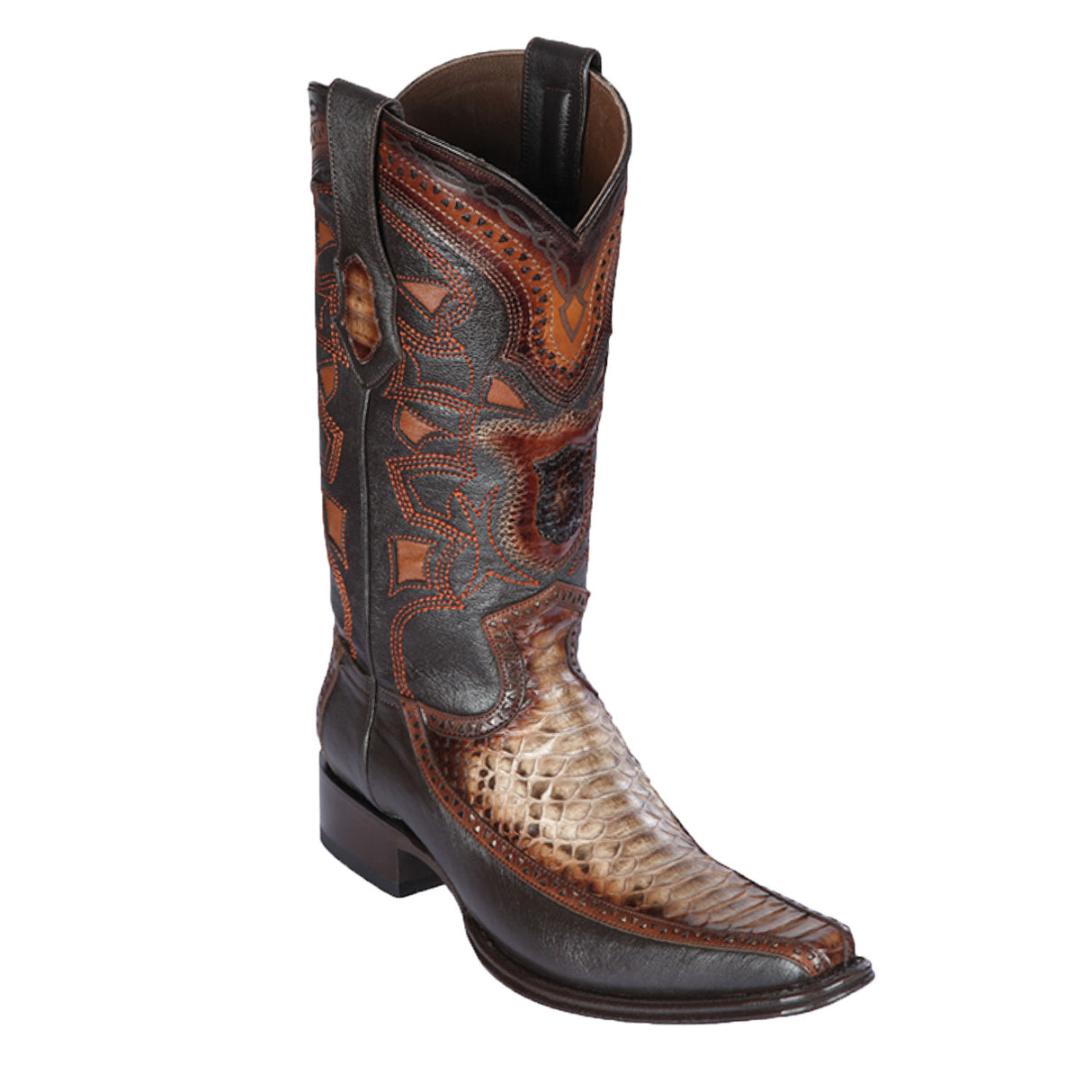 Western Genuine Python & Deer European Square Toe Boots Rustic Brown Color – Los Altos Boots – Side View