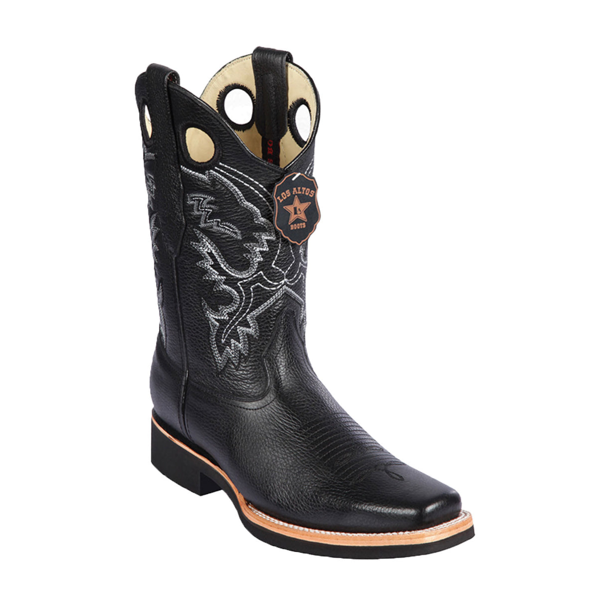 Western Genuine Leather Square Wide Toe Rodeo Boots Black Color – Los Altos Boots – Side View
