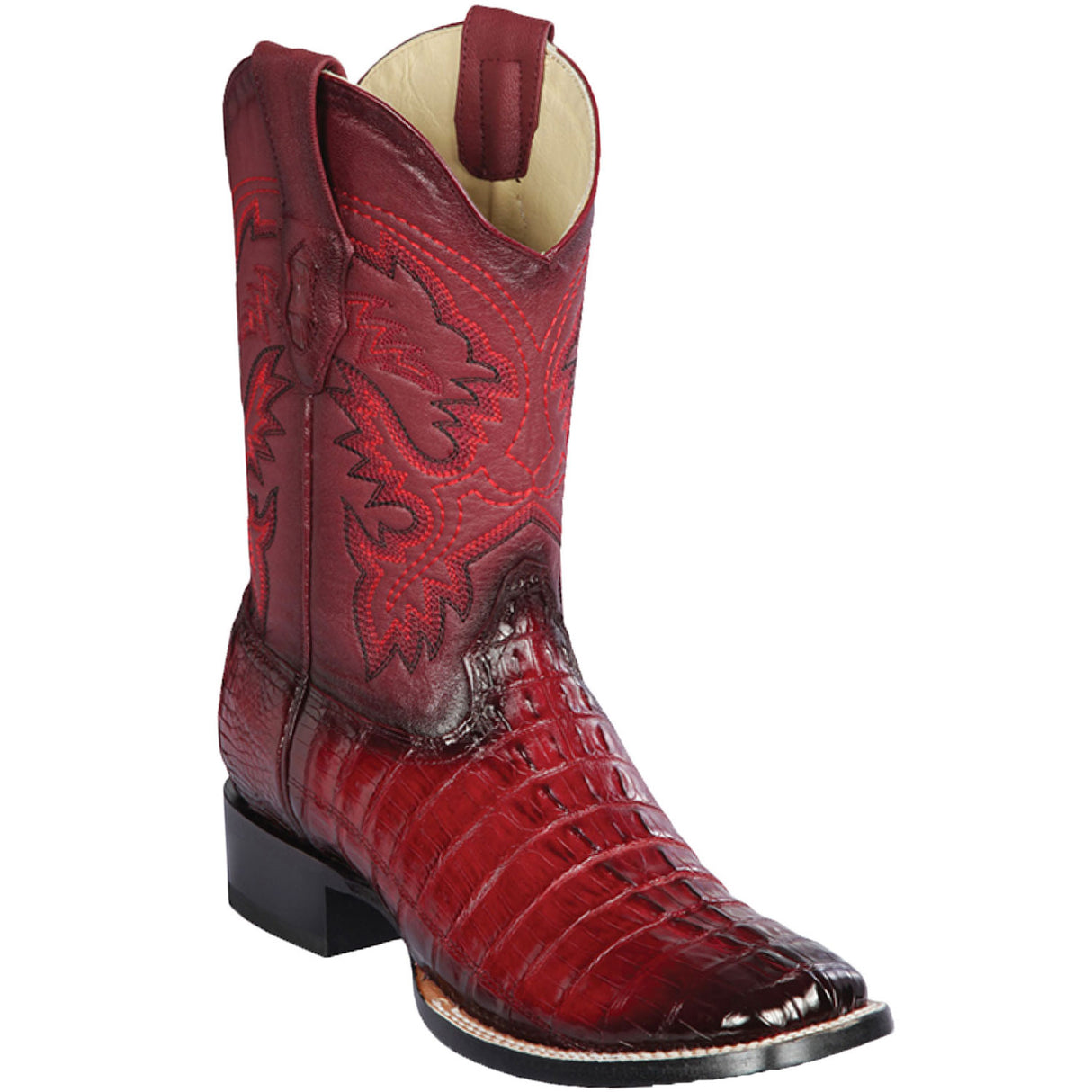 Western Genuine Caiman Tail Square Wide Toe Rodeo Boots Faded Burgundy Color – Los Altos Boots – Side View