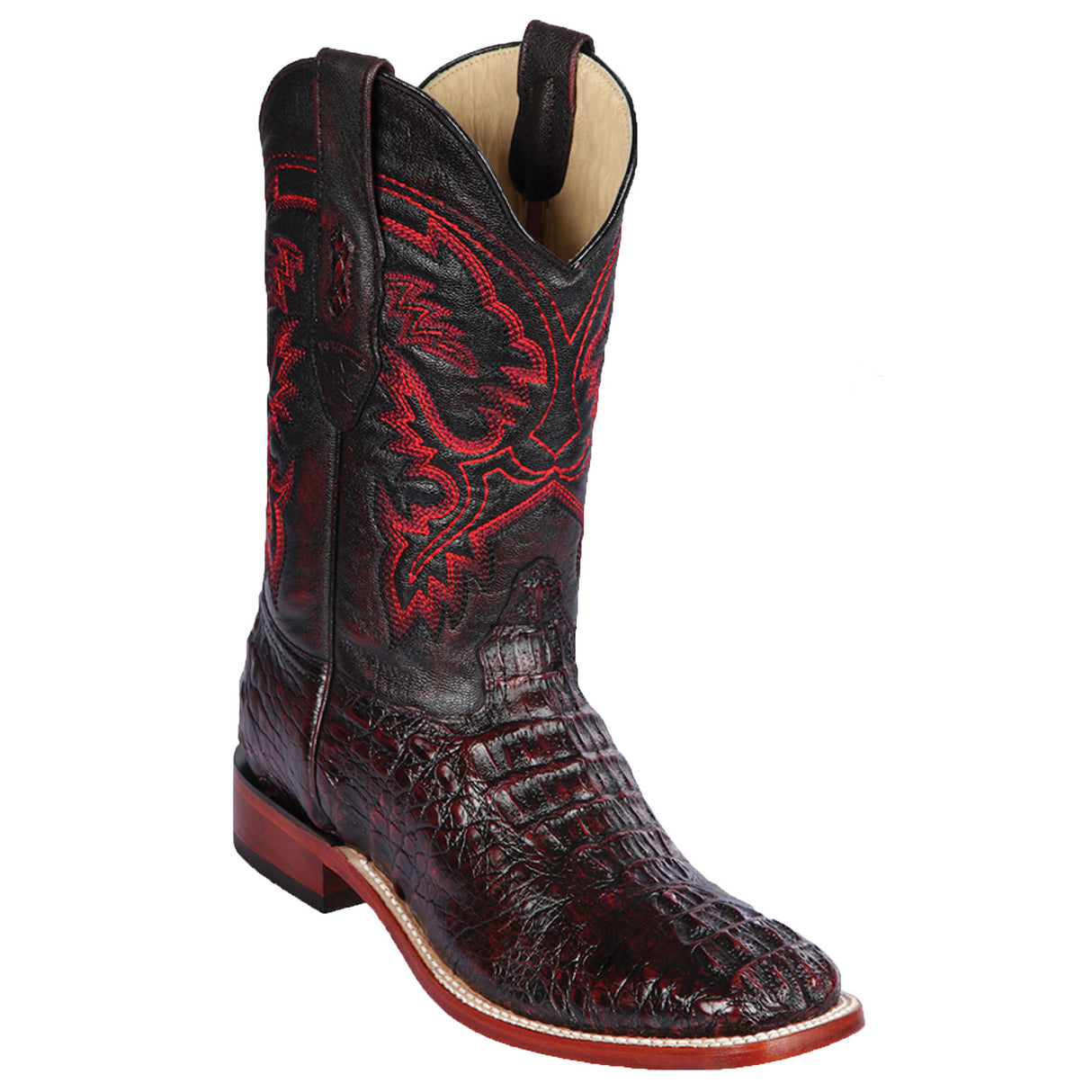 Western Genuine Caiman Back Square Wide Toe Rodeo Boots Black Cherry Color – Los Altos Boots – Side View