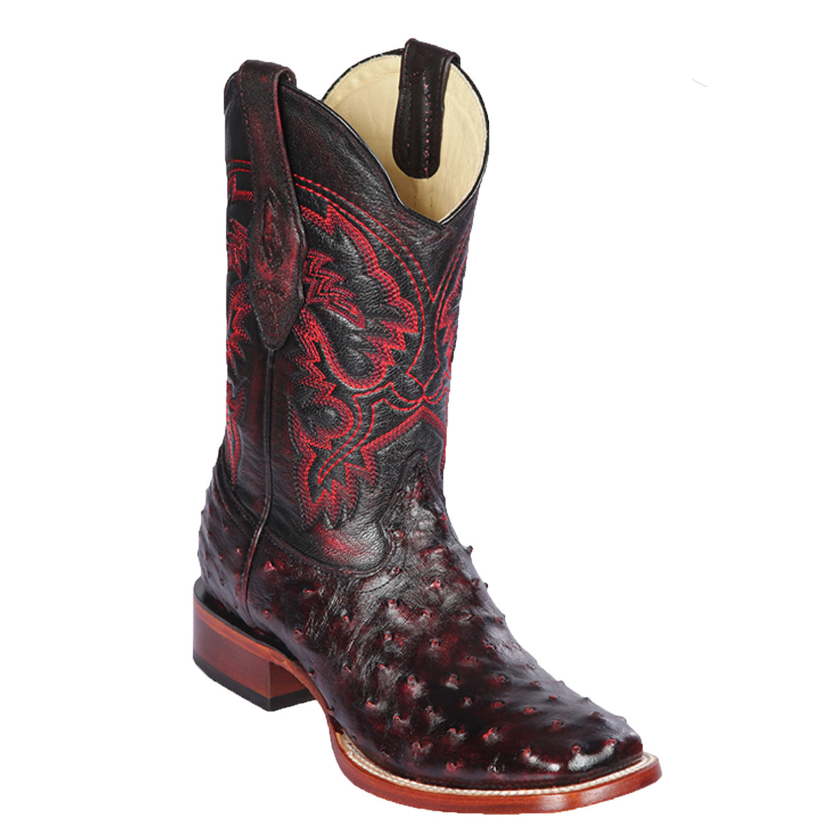 Western Genuine Ostrich Wide Square Toe Boots Black Cherry Color - Los Altos Boots Side View