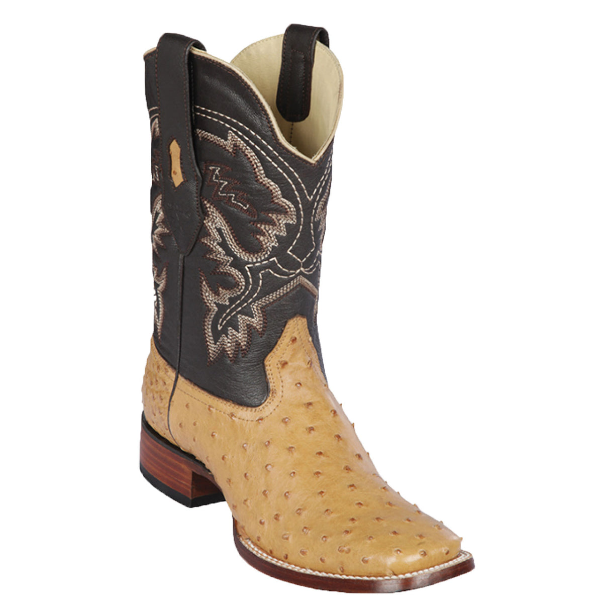 Western Genuine Ostrich Wide Square Toe Boots Antique Saddle Color - Los Altos Boots Side View