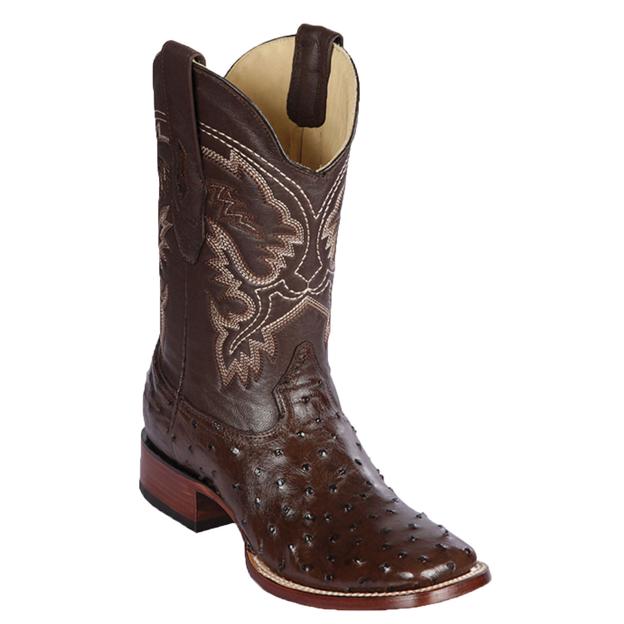 Western Genuine Ostrich Wide Square Toe Boots Brown Color - Los Altos Boots Side View
