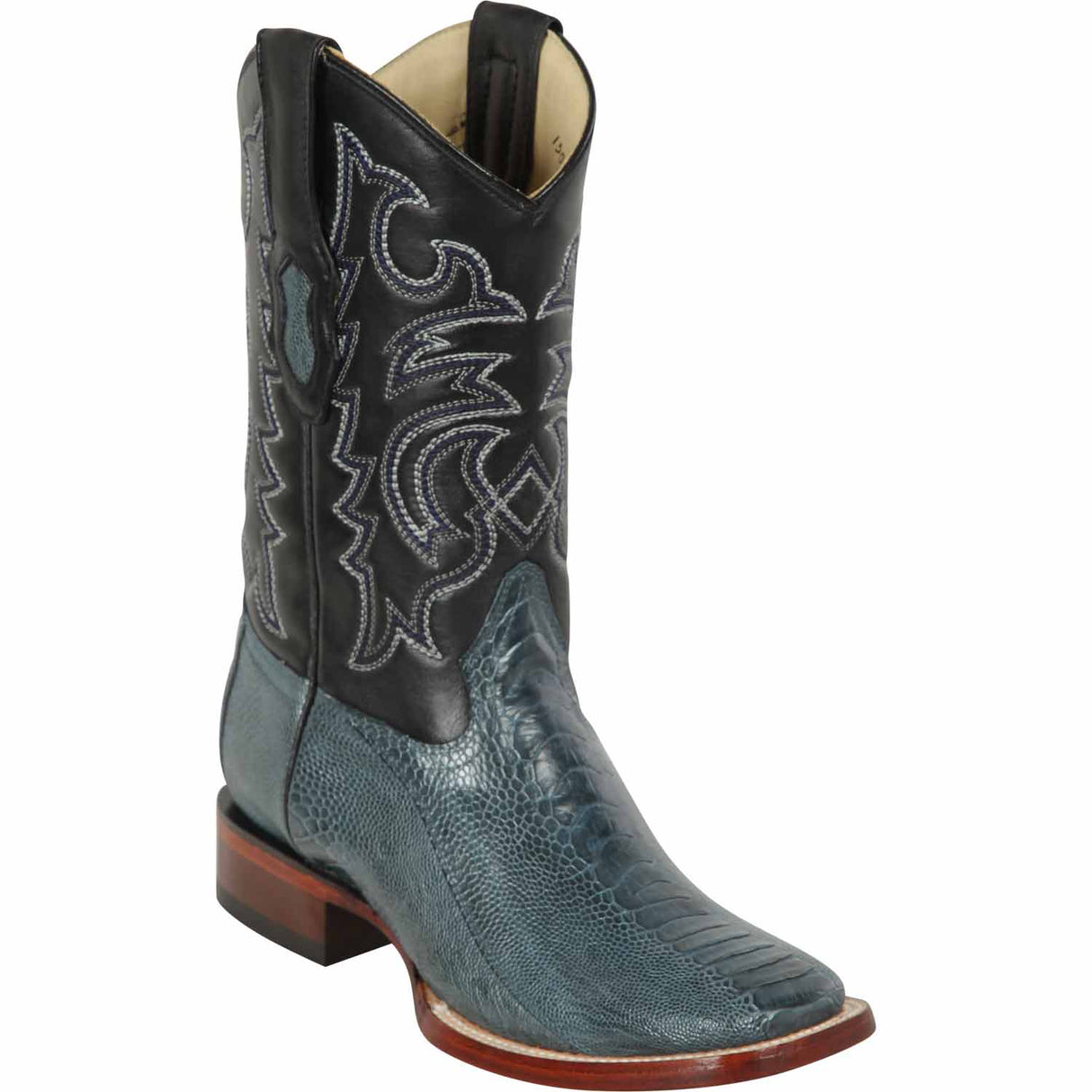 Western Genuine Ostrich Leg Square Wide Toe Rodeo Boots Denim Blue Color – Los Altos Boots – Side View