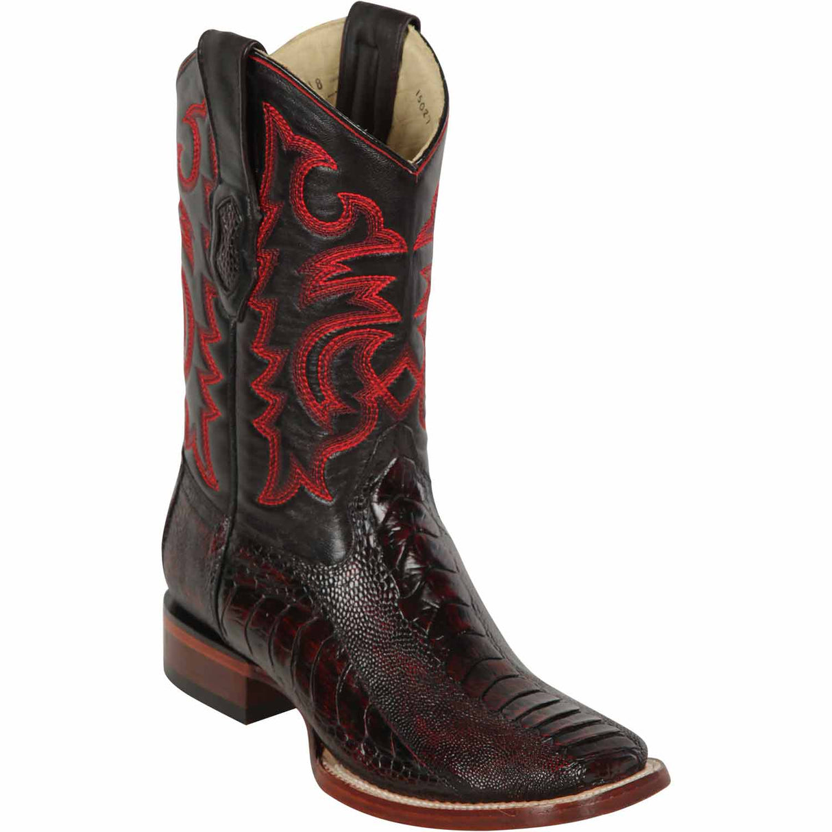 Western Genuine Ostrich Leg Square Wide Toe Rodeo Boots Black Cherry Color – Los Altos Boots – Side View