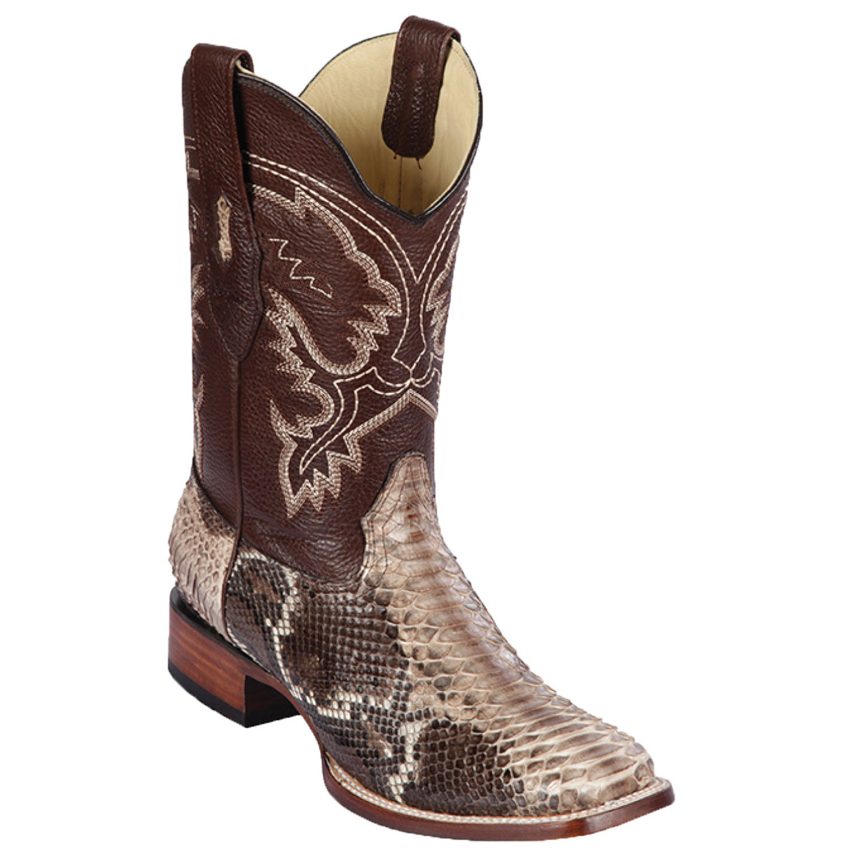 Western Genuine Python Square Wide Toe Rodeo Boots Rustic Brown Color – Los Altos Boots – Side View