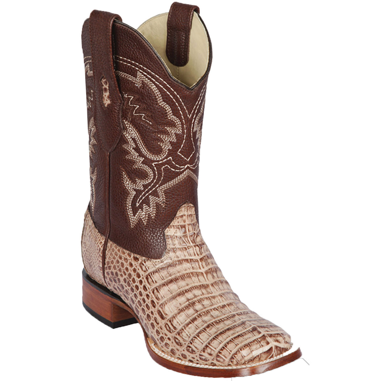 Western Genuine Caiman Belly Wide Square Toe Boots Mocha Color - Los Altos Boots - Side View