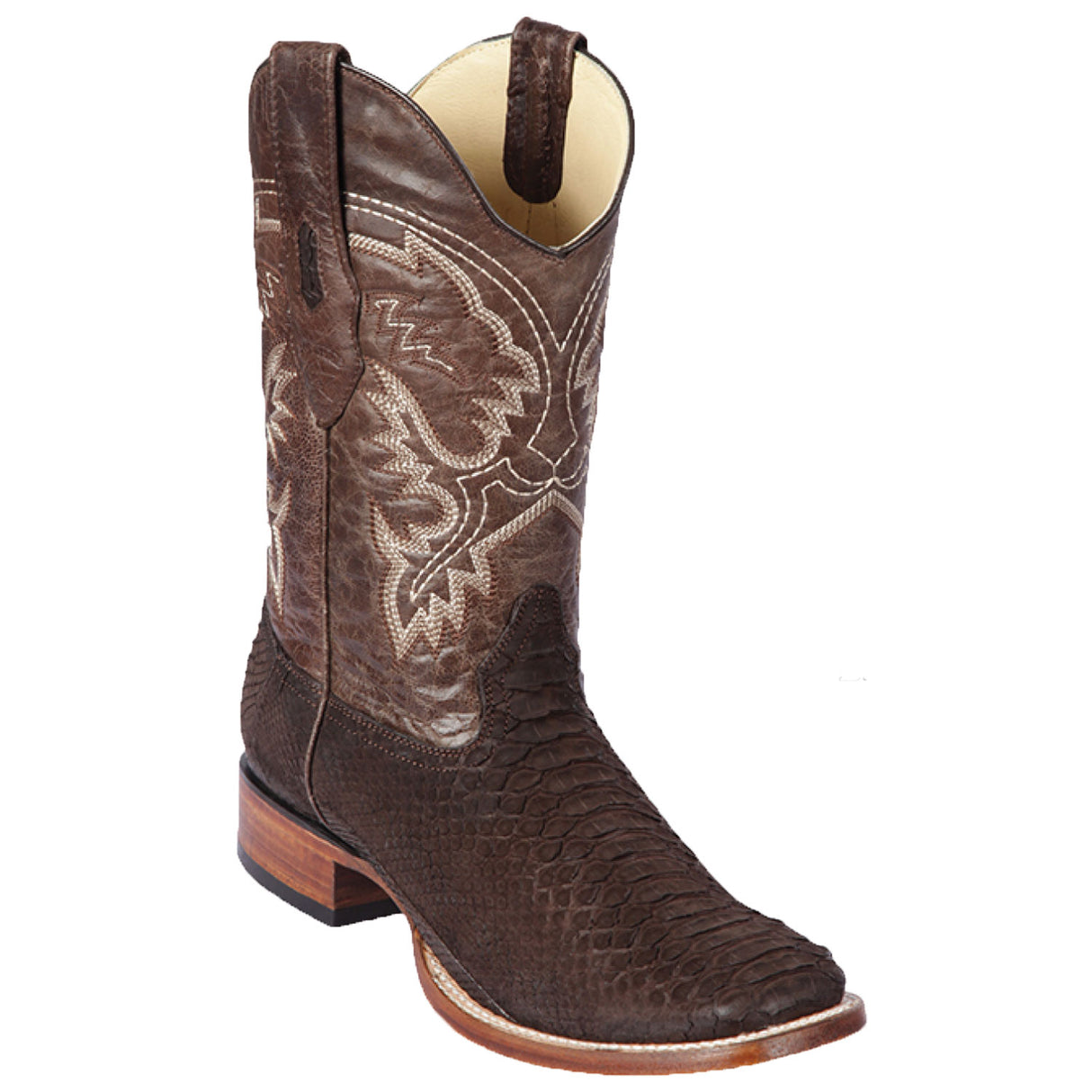 Western Genuine Python Square Wide Toe Rodeo Boots Nubuck Brown Color – Los Altos Boots – Side View