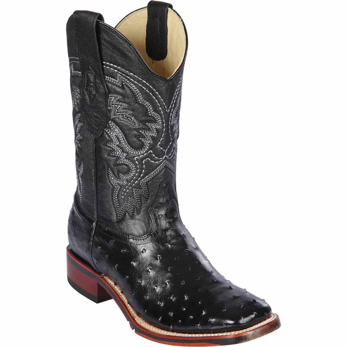 Western Genuine Ostrich Wide Square Toe Boots Black Color Rubber TPU Sole - Los Altos Boots - Side View