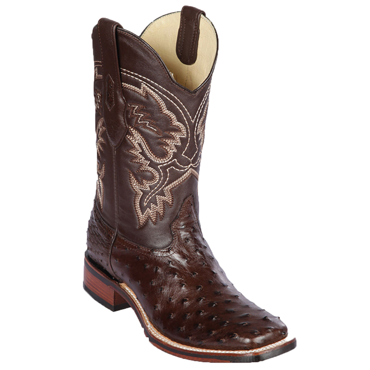 Western Genuine Ostrich Wide Square Toe Boots Brown Color Rubber TPU Sole - Los Altos Boots - Side View