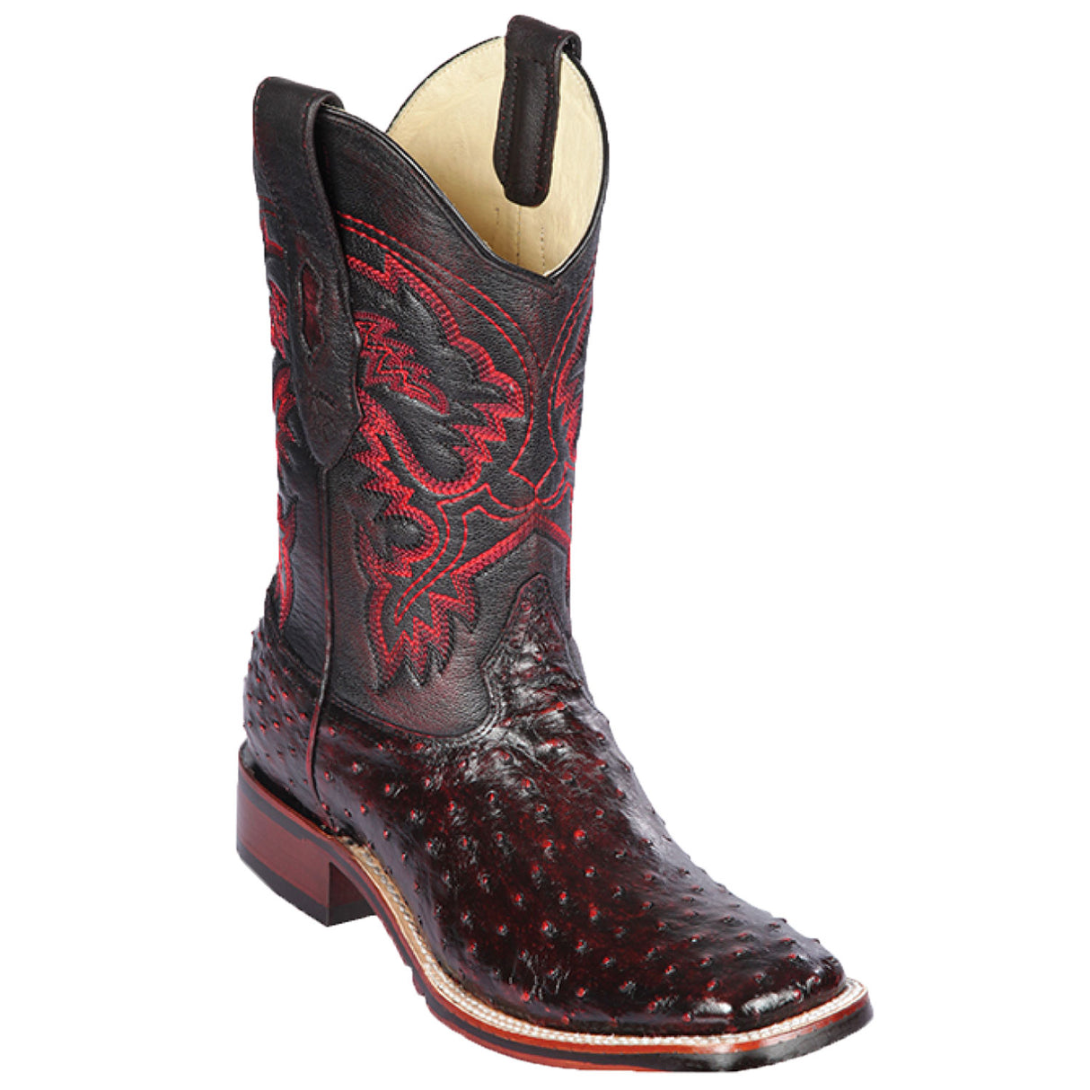 Western Genuine Ostrich Wide Square Toe Boots Black Cherry Color Rubber TPU Sole - Los Altos Boots - Side View