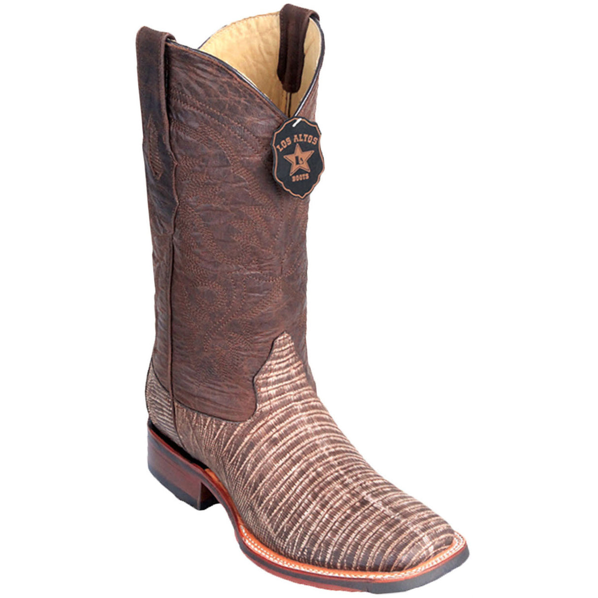 Western Genuine Teju Lizard Wide Square Toe Boots Sanded Brown Color - Los Altos Boots Side View