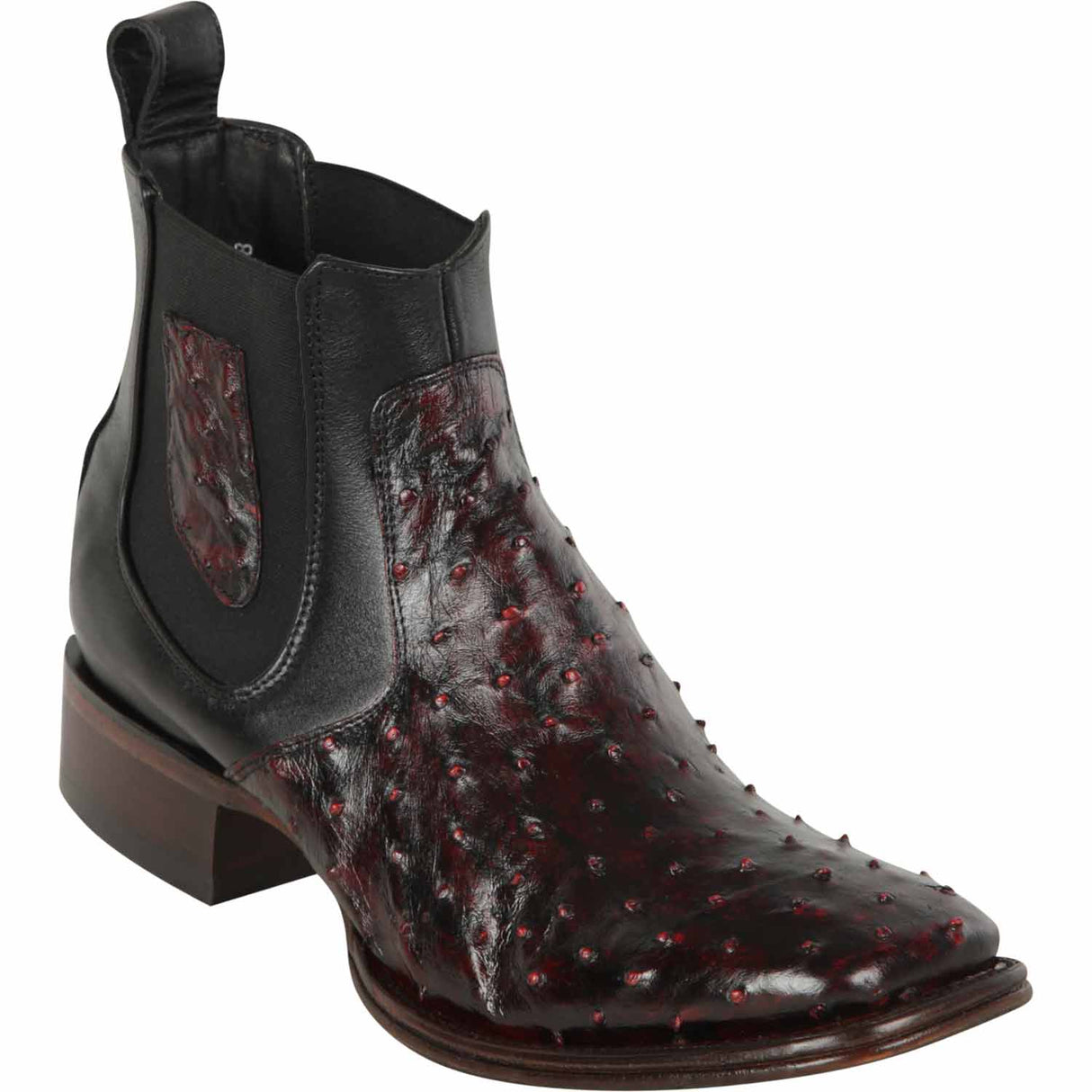 Western Genuine Full Quill Ostrich Square Wide Toe Ankle Boots Black Cherry Color – Los Altos Boots – Side View