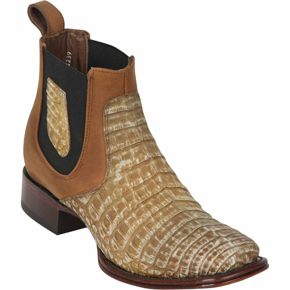 Western Genuine Caiman Belly Crocodile Square Wide Toe Ankle Boots Sahara Stone Color – Los Altos Boots – Side View