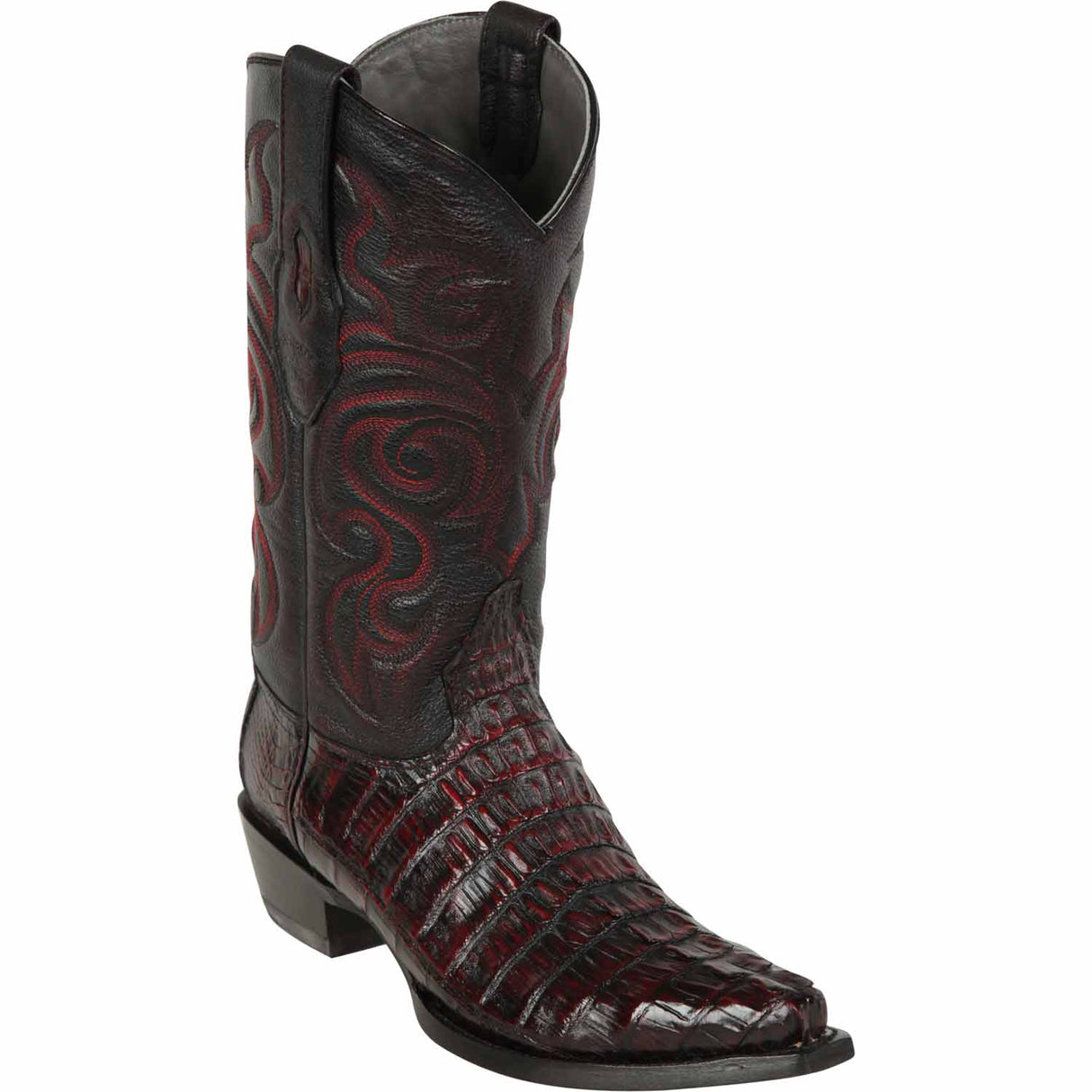 Original Caiman Crocodile Tail Western Boots with Snip Toe in Black Cherry Color - Los Altos Boots - Side View
