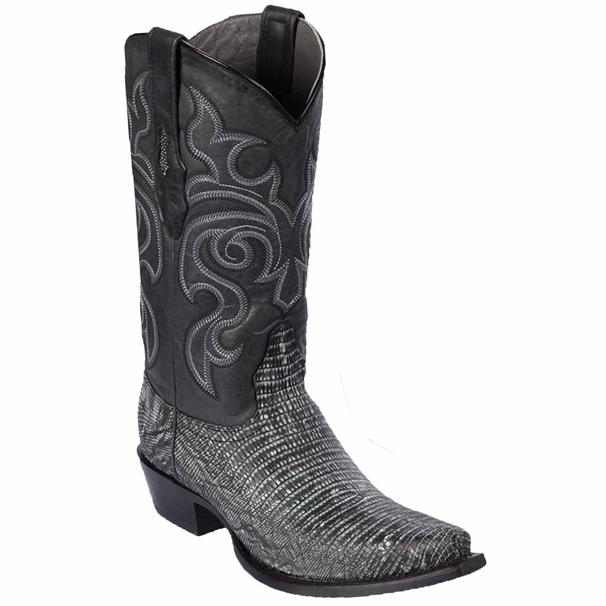 Western Genuine Teju Lizard Boots Snip Toe Sanded Black Color - Los ALtos Boots Side View