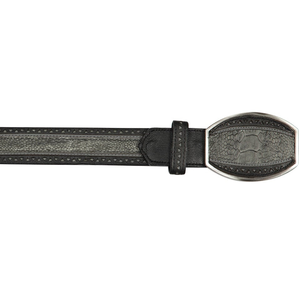 Genuine Ostrich Leg Casual Belt laser design Rustic Black - Los Altos Boots - Front View