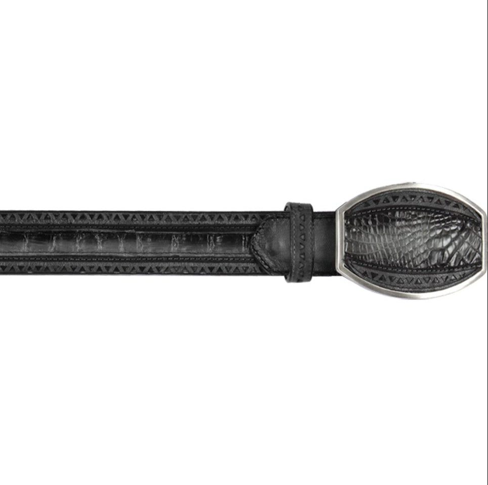 Genuine Crocodile Caiman Belly Casual Belt laser design Faded Gray Color - Los Altos Boots - Front View