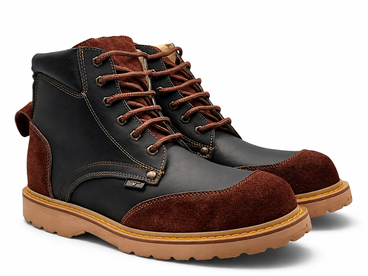 Bota de Trabajo para Hombre Punta Redonda de Piel Genuina Color Negro con Suela de Hule Resistente a Aceite y Acido – Hooch Boots H60205