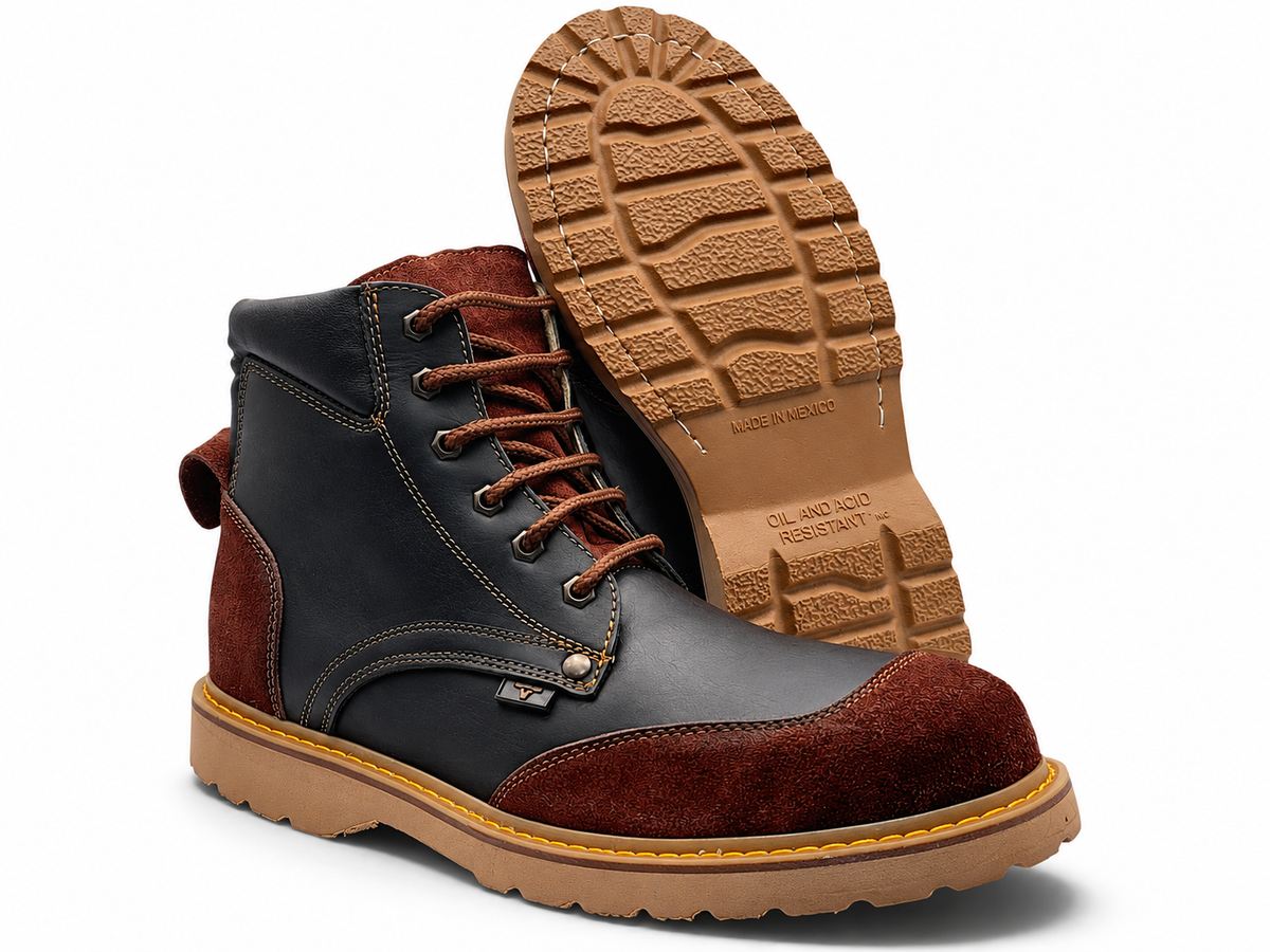 Bota de Trabajo para Hombre Punta Redonda de Piel Genuina Color Negro con Suela de Hule Resistente a Aceite y Acido – Hooch Boots H60205