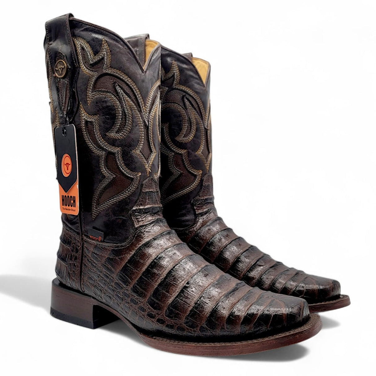 Caiman Belly Leather Engraved Boots with Wide Square Toe in Chocolate Color – Hooch Boots - Pair Side View