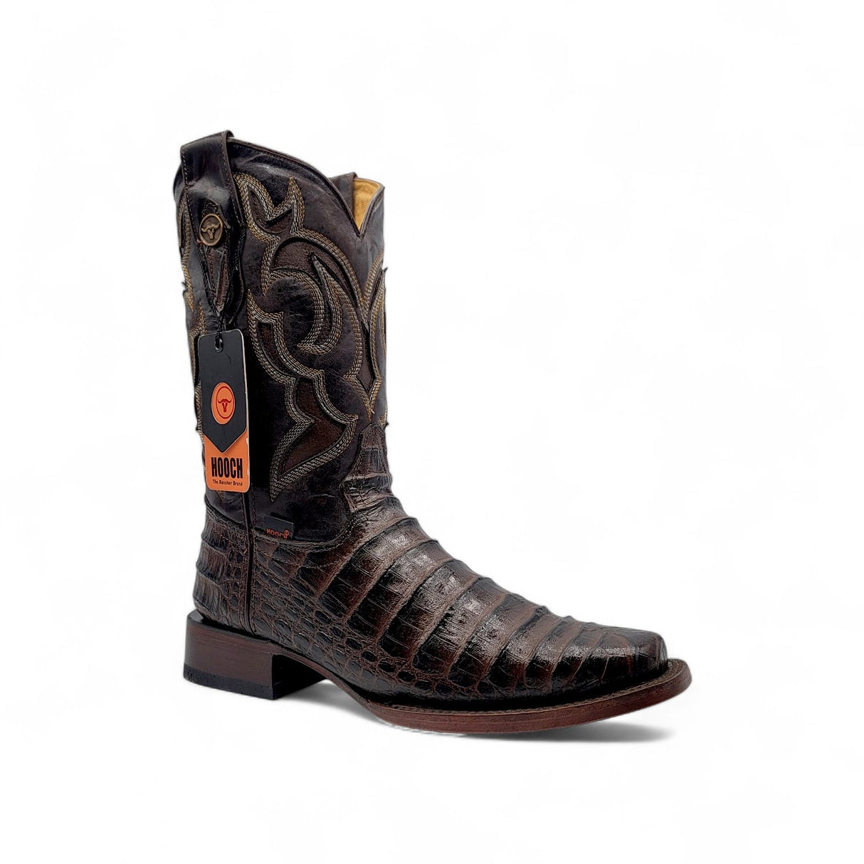 Caiman Belly Leather Engraved Boots with Wide Square Toe in Chocolate Color – Hooch Boots - Side View