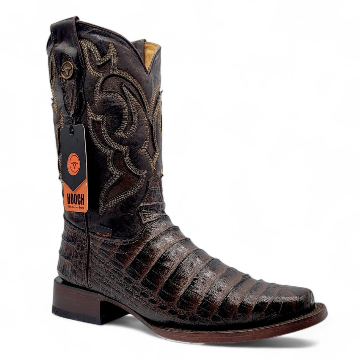Caiman Belly Leather Engraved Boots with Wide Square Toe in Chocolate Color – Hooch Boots - Side View