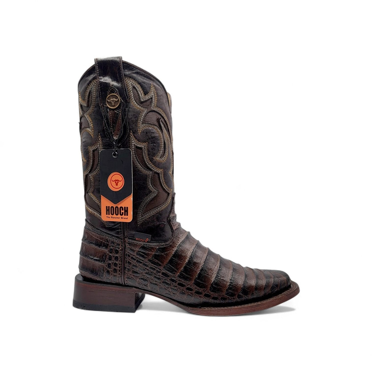 Caiman Belly Leather Engraved Boots with Wide Square Toe in Chocolate Color – Hooch Boots - Right Side View
