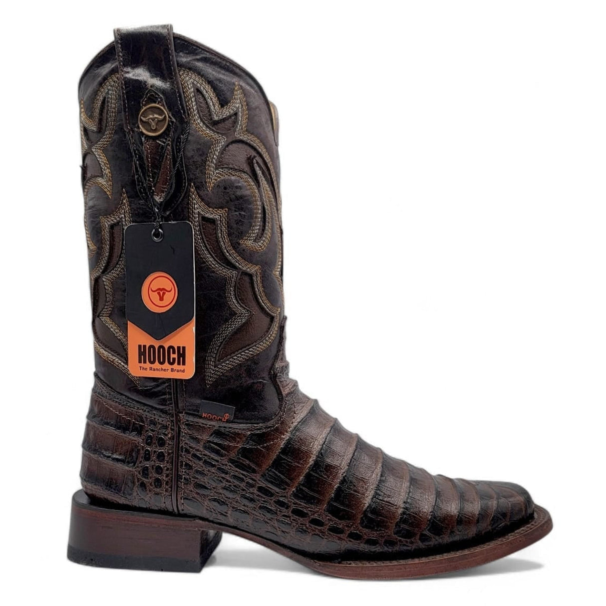 Caiman Belly Leather Engraved Boots with Wide Square Toe in Chocolate Color – Hooch Boots - Right Side View