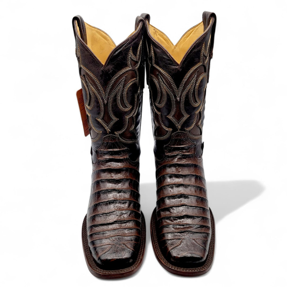 Caiman Belly Leather Engraved Boots with Wide Square Toe in Chocolate Color – Hooch Boots - Pair Top View