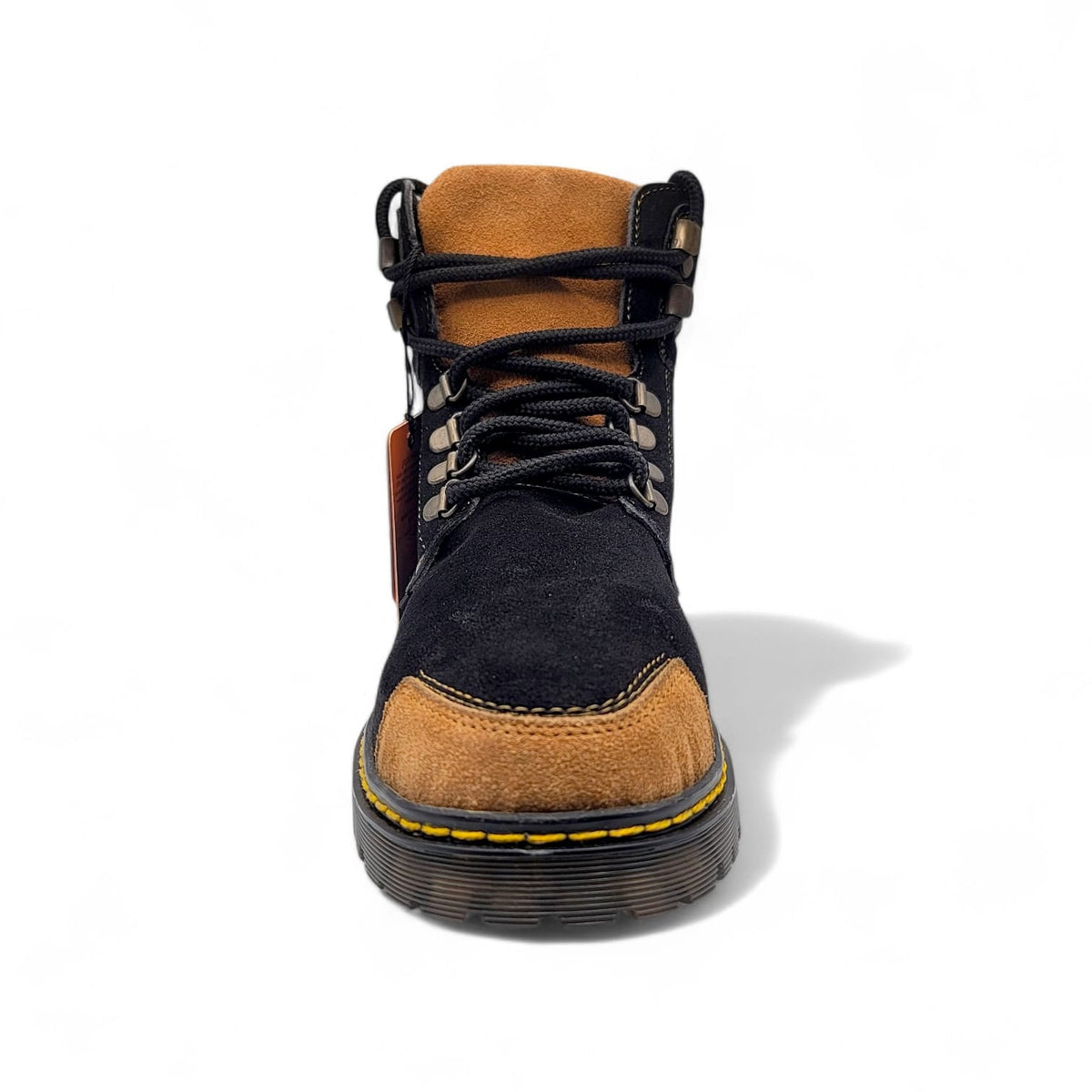 Zapato de trabajo para hombre punta redonda de piel genuina acabado gamuza color negro y miel con suela de hule transparente Hooch Boots H70151