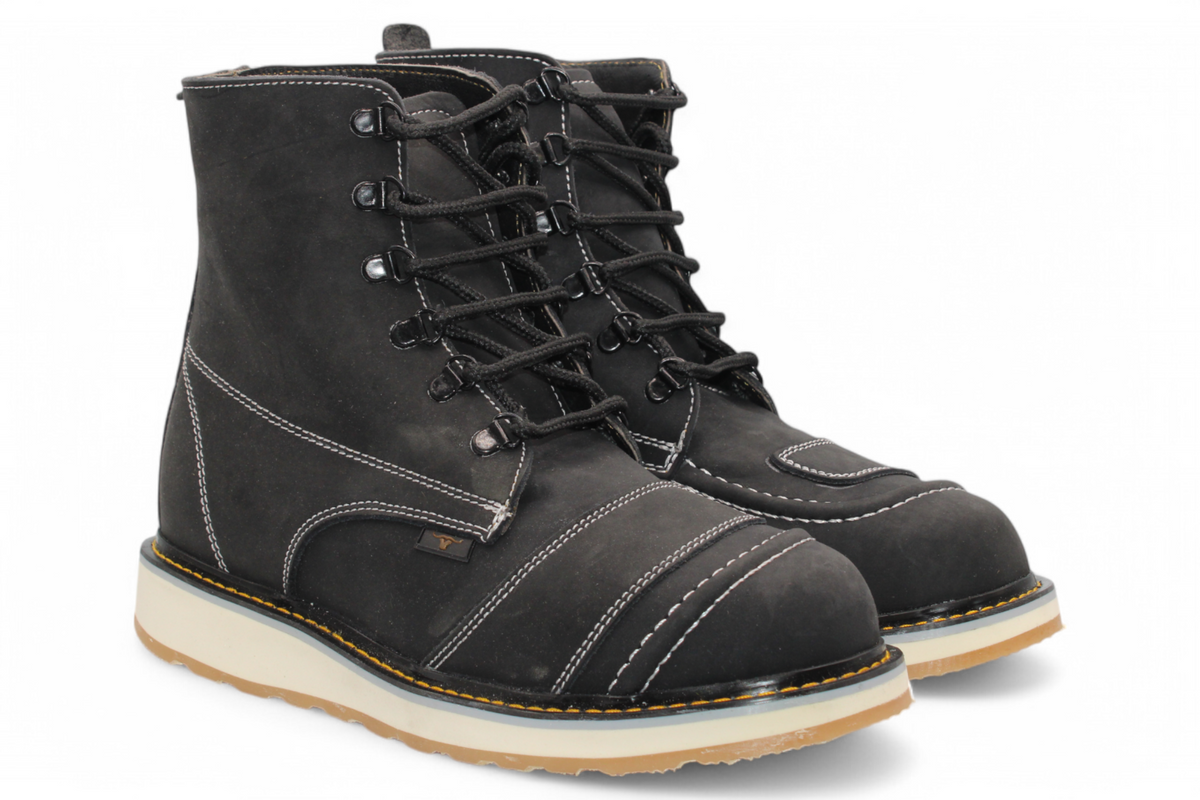 Zapato de trabajo para hombre punta redonda de piel crazy color negro con suela de hule Hooch Boots H50205