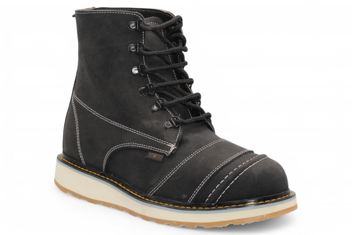 Zapato de trabajo para hombre punta redonda de piel crazy color negro con suela de hule Hooch Boots H50205